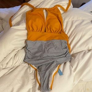 Cupshe One-Piece Swimsuit - Golden with Navy/White Stripe - Size S